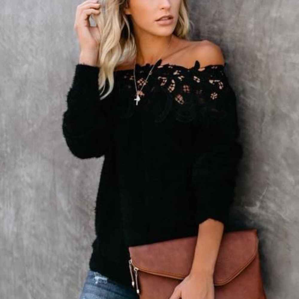 COPY - Elegant Lace Off the Shoulder Sweater - Picture 2 of 2